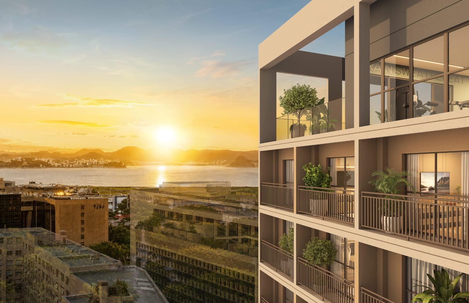 Varanda do Connect Square com vista para a Baía de Guanabara ao pôr do sol