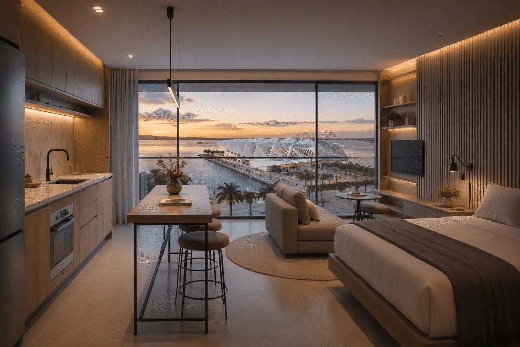 WPX Rio Branco 26, Centro do Rio: living integrado à cozinha, com vista para a Zona Portuária