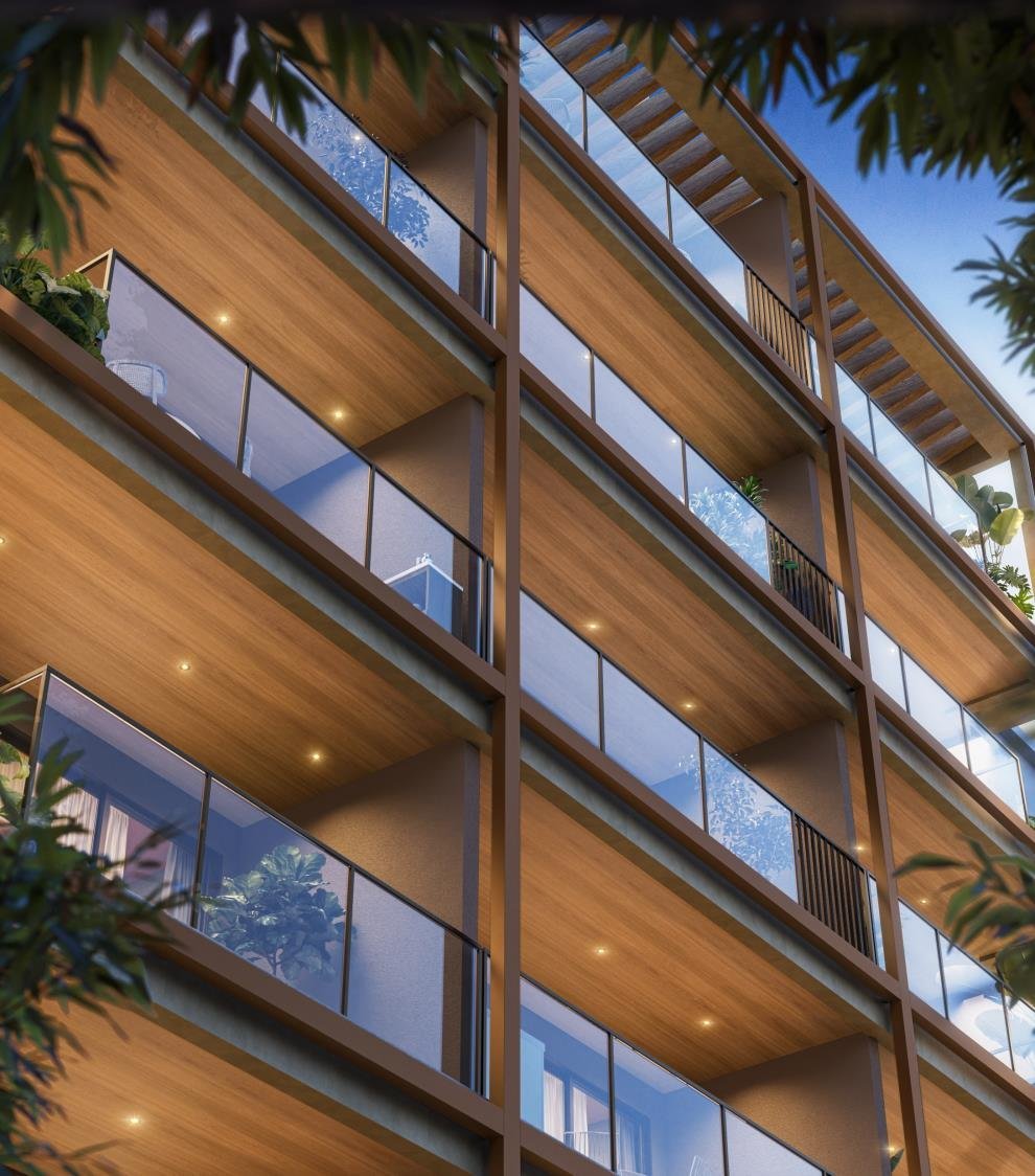 Jaguaripe 289, Ipanema: perspectiva da fachada, com varandas em madeira e guarda-corpo de vidro