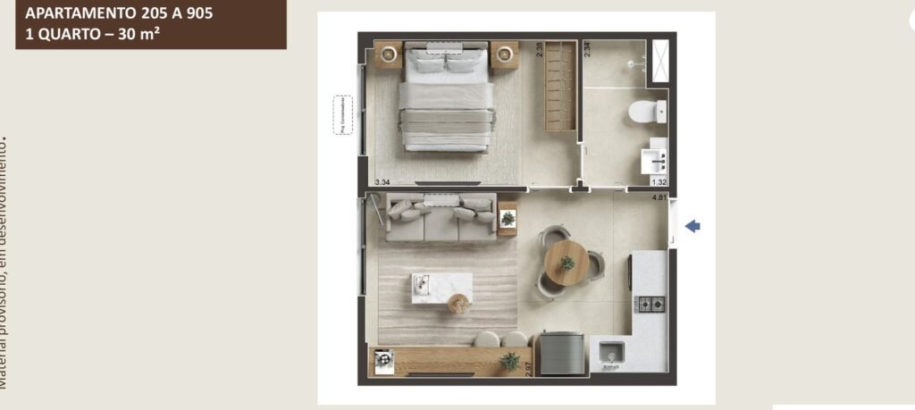 Jaguaripe 289, Ipanema: planta humanizada do apartamento de 1 quarto com 30 m², unidades 205 a 905